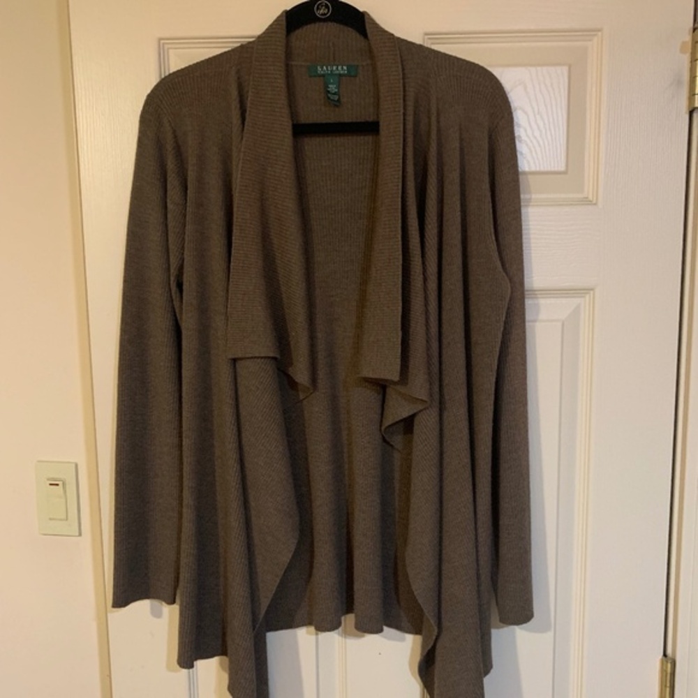 Lauren Ralph Lauren Brown Open Front Wool Cardigan Sweater sz L